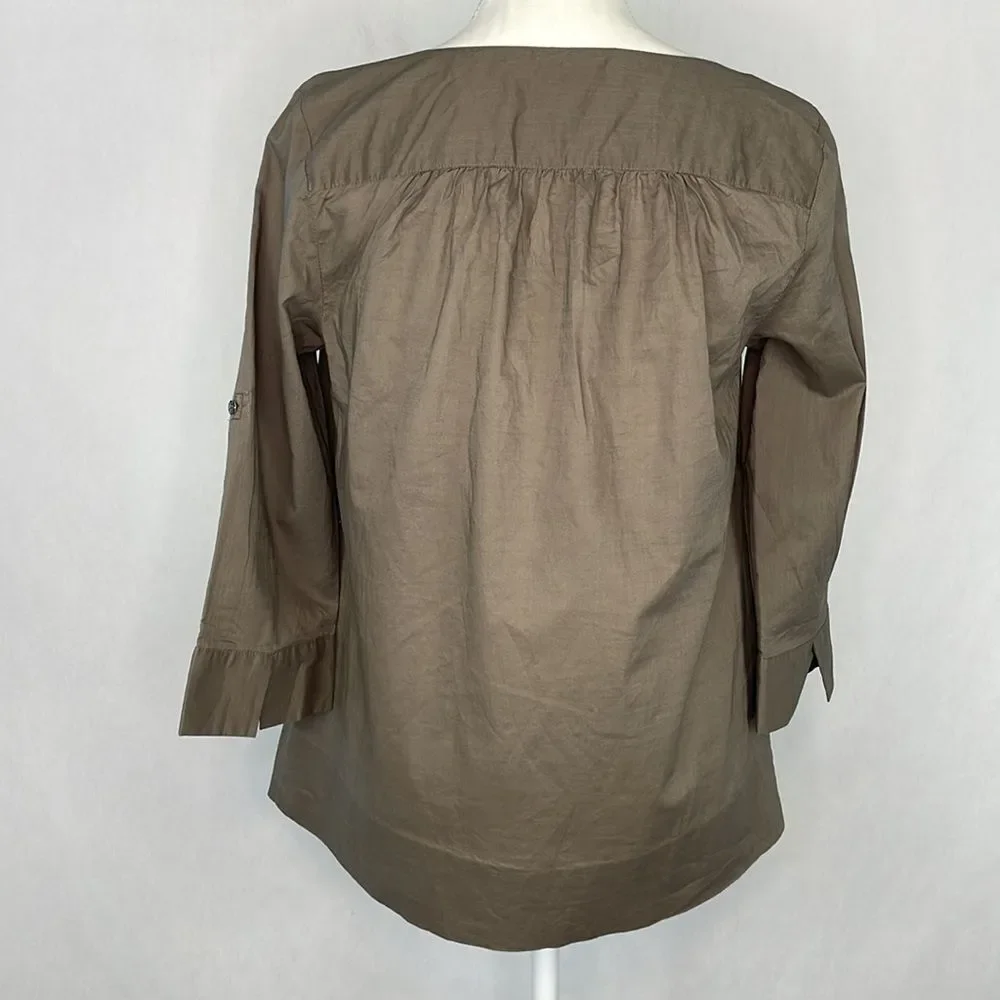J. Crew 100% Cotton Brown Embellished V-Neck Blouse. Size 4. New With Tags.